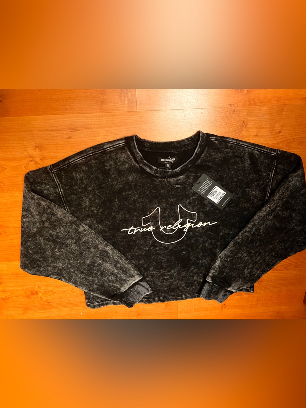 True Religion Black Mineral-Wash Crewneck Sweatshirt with White Logo cropped